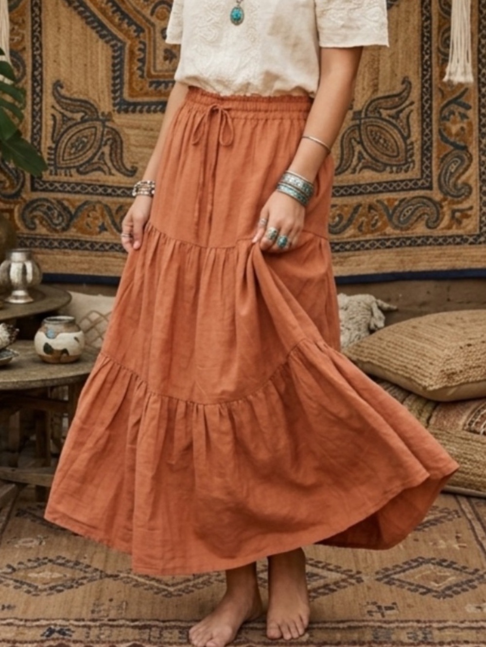 Cider Rust Orange Tiered Maxi Skirt Size Large